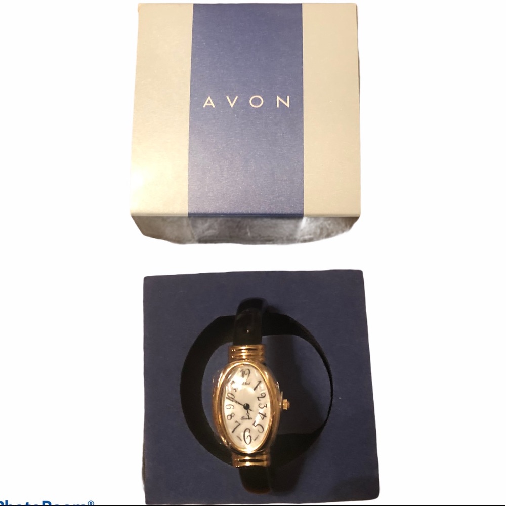 NIB Avon Black Cuff Oval Face Watch Small